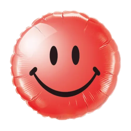 Roter runder Folienballon mit schwarzem Smiley-Gesicht