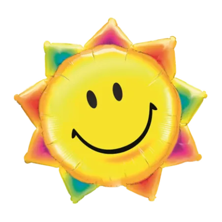 Großer Folienballon als bunte Sonne mit Smiley-Gesicht