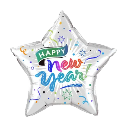 Sternförmiger Folienballon mit Happy-New-Year-Schriftzug, bunten Sternen und Konfetti