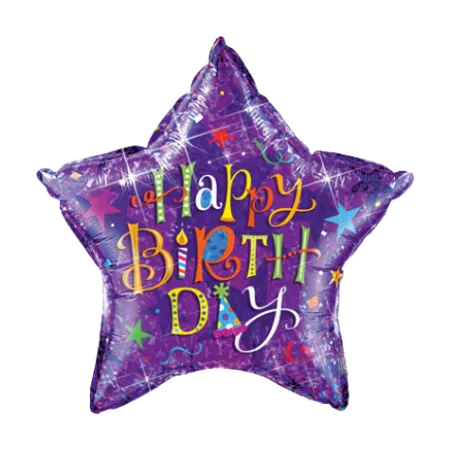 Sternförmiger Folienballon mit Happy-Birthday-Schriftzug und bunten Sternen