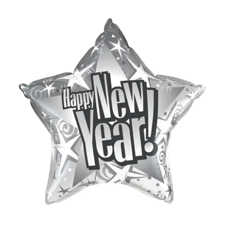 Silberner sternförmiger Folienballon mit Happy-New-Year-Schriftzug