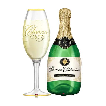 Zweiteiliges Folienballon-Set mit Sektflasche und Glas