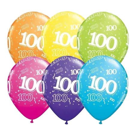Bunte Latexballons mit Zahl 100 im 6er-Set