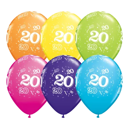 Bunte Latexballons mit Zahl 20 im 6er-Set