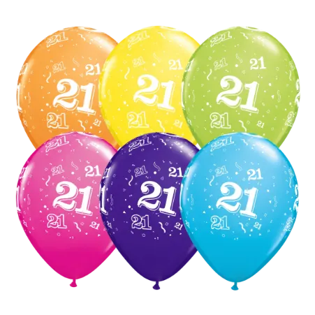Bunte Latexballons mit Zahl 21 im 6er-Set