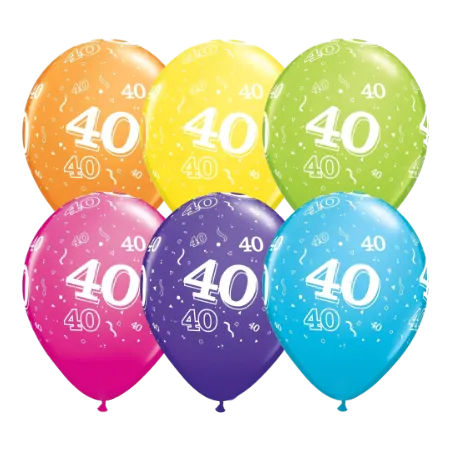 Bunte Latexballons mit Zahl 40 im 6er-Set