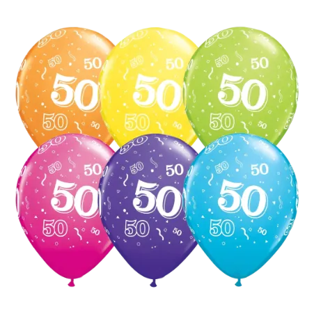 Bunte Latexballons mit Zahl 50 im 6er-Set