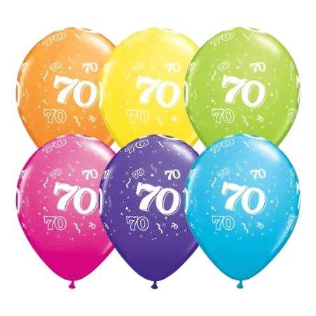 Bunte Latexballons mit Zahl 70 im 6er-Set