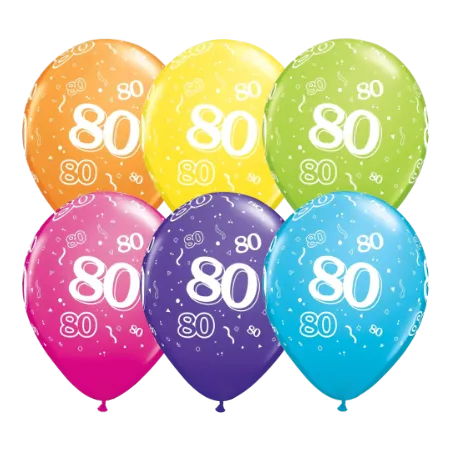 Bunte Latexballons mit Zahl 80 im 6er-Set