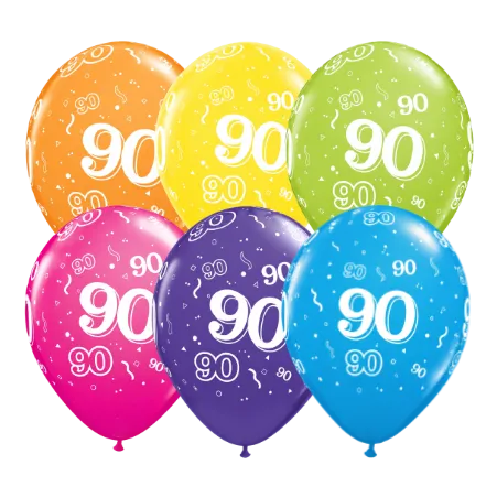 Bunte Latexballons mit Zahl 90 im 6er-Set