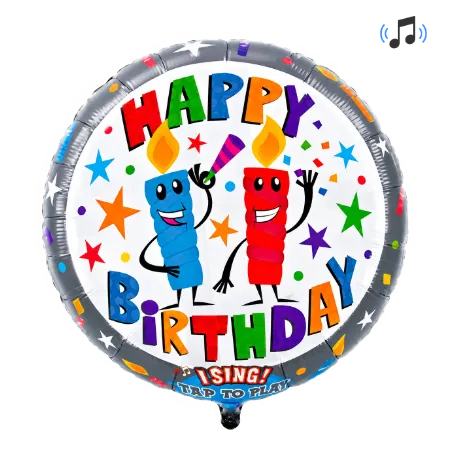 Großer runder Folienballon mit Happy-Birthday-Schriftzug und bunten Sternen