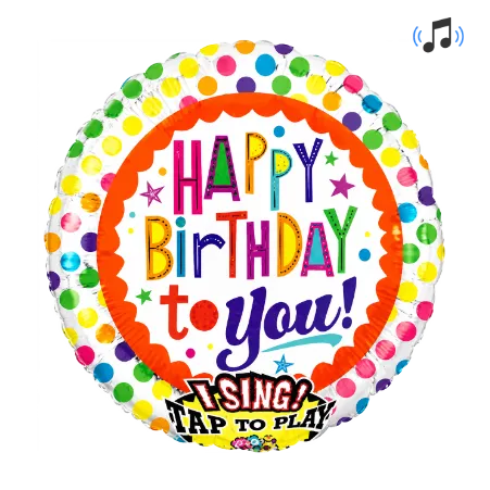 Großer runder Folienballon mit Happy-Birthday-to-You-Schriftzug und bunten Punkten