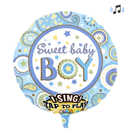 Runder Folienballon mit Sweet-Baby-Boy-Schriftzug und Sternen